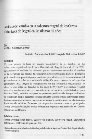 Portada artículo PA_No_18_2007 Análisis del cambio en la cobertura vegetal de los Cerros Orientales de Bogotá en los últimos 40 años