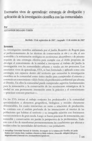Portada artículo PA_No_18_2007 Escenarios vivos de aprendizaje: estrategia de divulgación y aplicación de la investigación científica con las comunidades