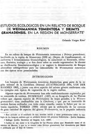 Portada artículo PA_No_3_1986 Estudios ecológicos en un relicto de bosque de Weinmannia Tomentosa y Drimys Granadensis, en la región de Monserrate
