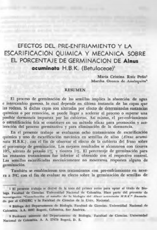 Portada artículo PA_No_3_1986 Efectos del pre-enfriamiento y la escarificación química y mecánica sobre el porcentaje de germinación de Alnus Acuminata H.B.K. (Betulaceae)