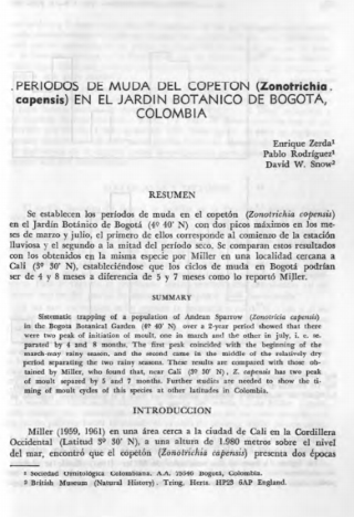 Portada artículo PA_No_3_1986 Periodos de muda del copetón, (Zonotrichia Capensis) en el Jardín Botánico de Bogotá, Colombia